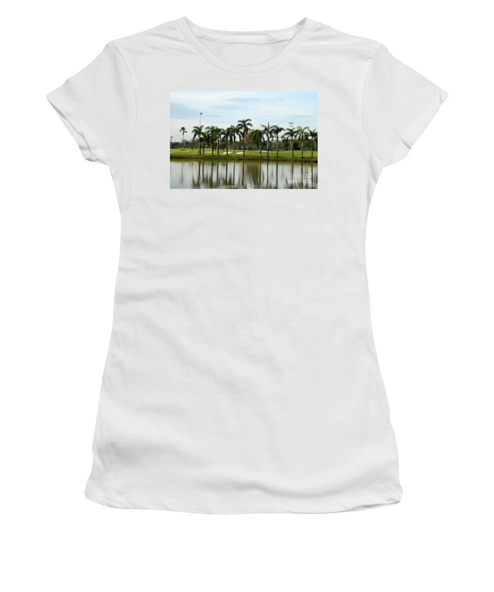 Golf Women's T-Shirt featuring the photograph Lake sand traps palm trees and golf course Singapore by Imran Ahmed