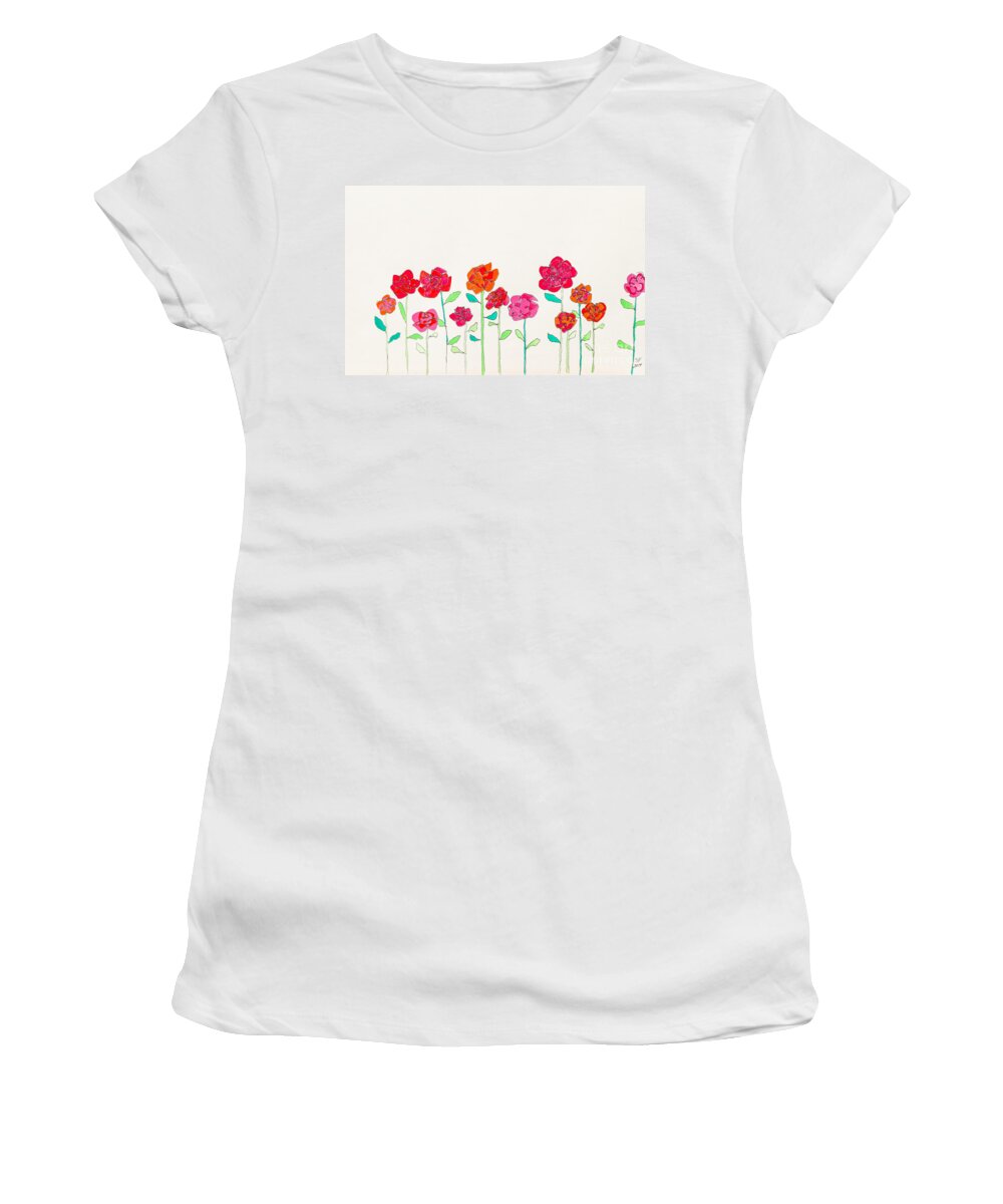 Flowers Women's T-Shirt featuring the painting Left handed Garden - pink by Stefanie Forck