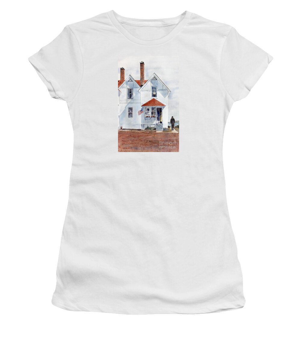 A Flag Waves In The Morning Breeze At A Lighthouse On The Southern Shore Of Lake Superior. Women's T-Shirt featuring the painting Light Keeper by Monte Toon