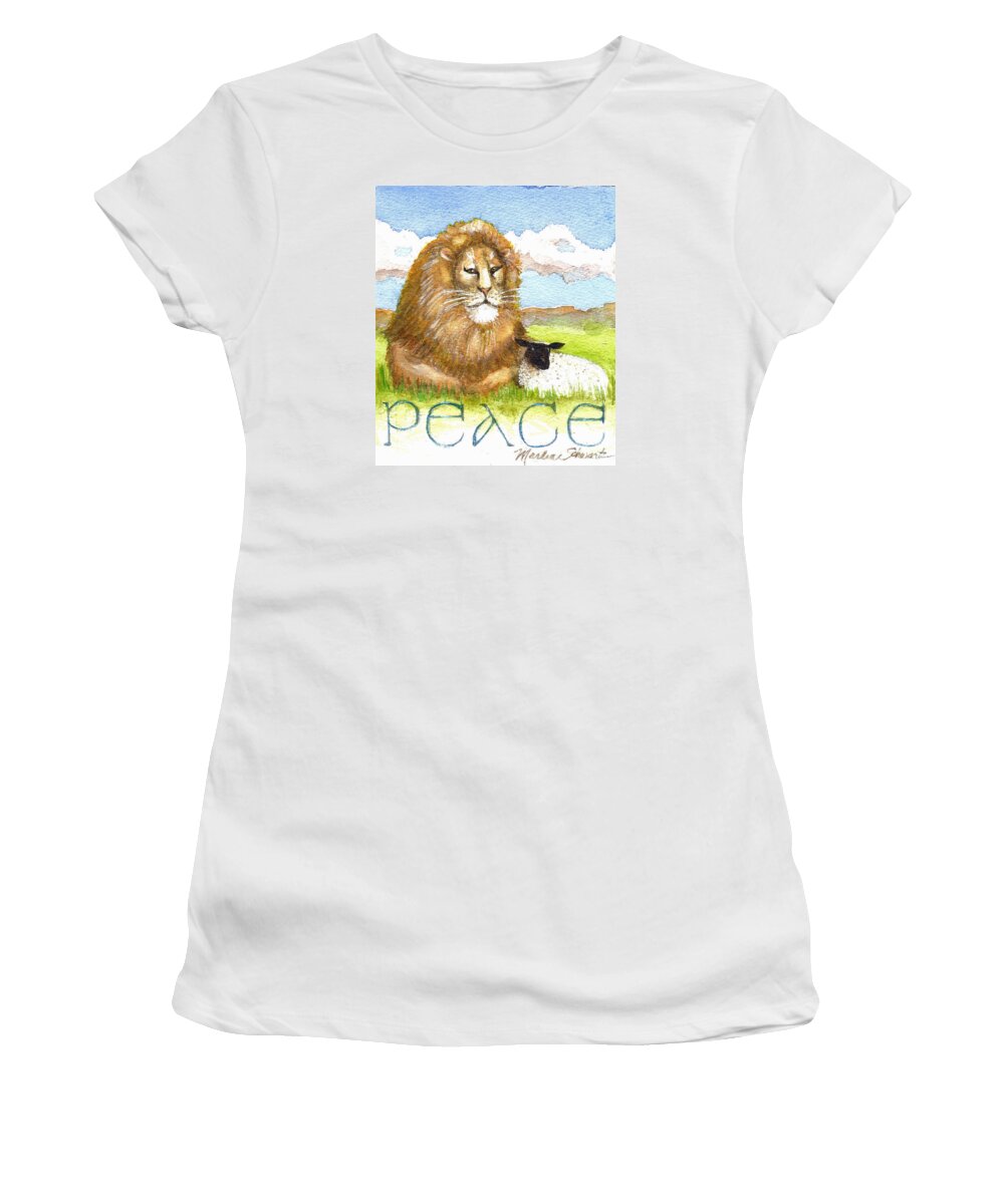 Lion And Lamb Women's T-Shirt featuring the painting Lion and Lamb - Peace by Marlene Schwartz Massey