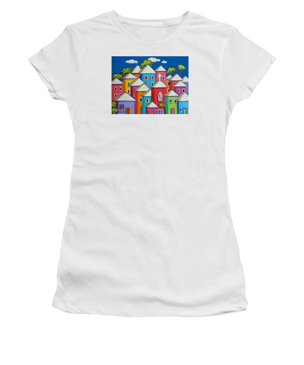 Colorful Houses Women's T-Shirt featuring the painting Colorful Houses Tropical Caribbean - Little Village by Rebecca Korpita
