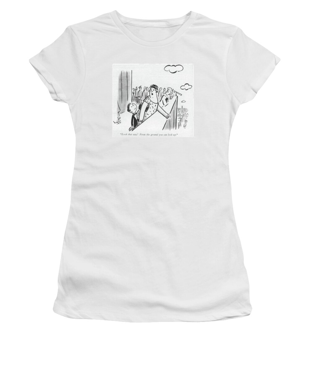 94615 Sho Sydney Hoff (mother To Little Boy. Both Are On Top Of Building Like Empire State And He Looks Up Instead Of Down.) Both Boy Building City Down Empire Instead Landmark Like Little Lookout Looks Manhattan Mother Neighborhoods New Nyc Regional Scene Scenic Skyscraper State Top Urban View Viewpoint York Women's T-Shirt featuring the drawing Look That Way! From The Ground You Can Look Up by Sydney Hoff