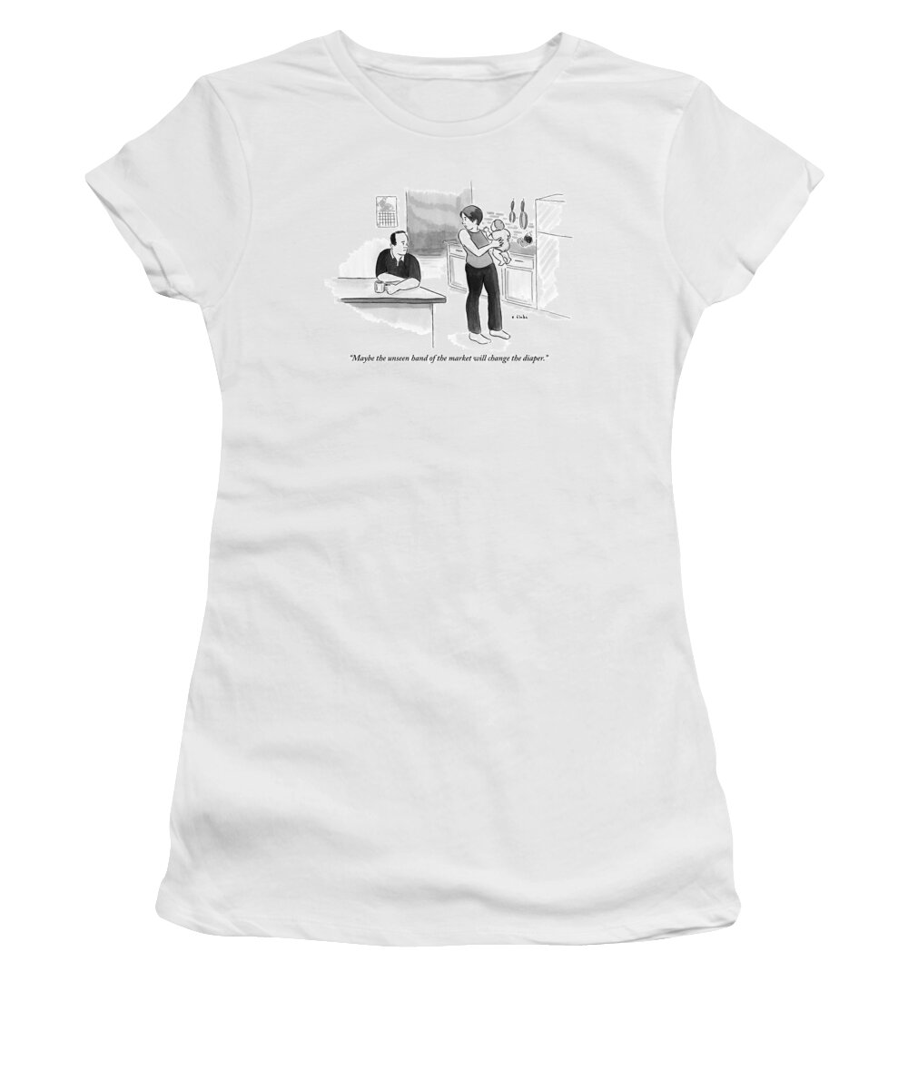 Married Couple Women's T-Shirt featuring the drawing Man And Wife Are In Their Kitchen. Wife Holds by Emily Flake