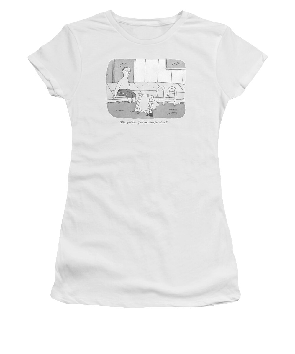 Art Women's T-Shirt featuring the drawing Man Sits On The Edge Of A Swimming Pool by Peter C. Vey