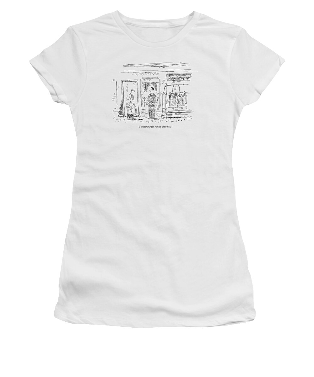 
Men's Clothing Stores Women's T-Shirt featuring the drawing Man Speaks To Salesman In A Men's Clothing Store by Barbara Smaller