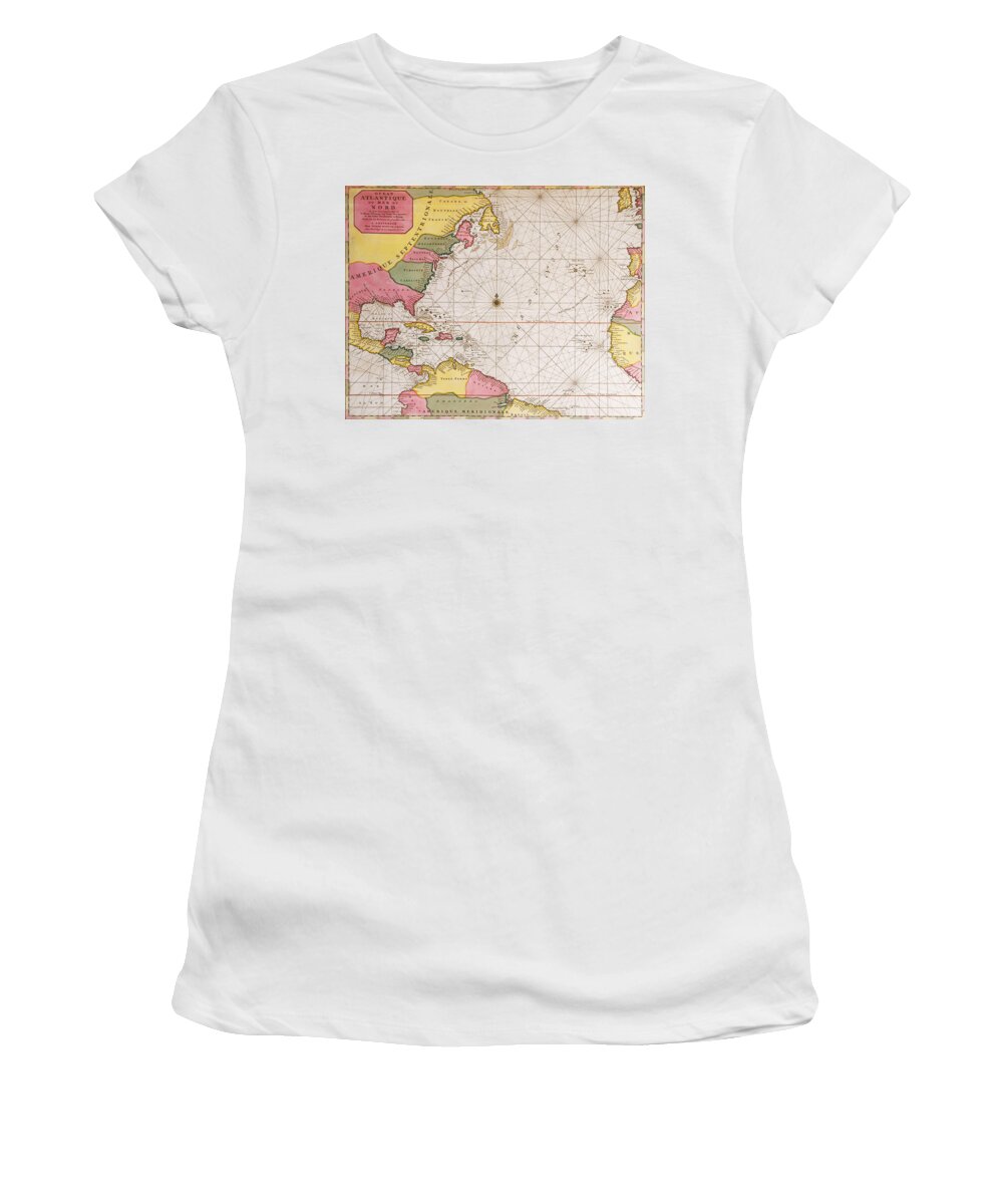Mapping; Chart; Atlantic Ocean; West Coast; Florida; Carolina; Virginia Women's T-Shirt featuring the drawing Map of the Atlantic ocean showing the east coast of North America the Caribbean and Central America by French School