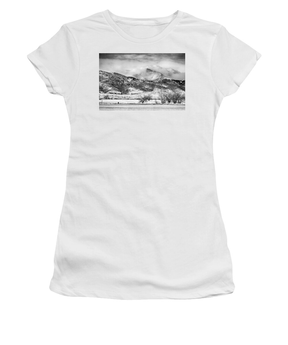 Longs Peak Women's T-Shirt featuring the photograph Meeker and Longs Peak in Winter Clouds BW by James BO Insogna
