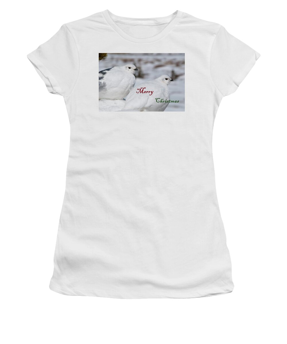 White-tailed Ptarmigan Women's T-Shirt featuring the photograph Merry Christmas - Winter Ptarmigan by Cascade Colors