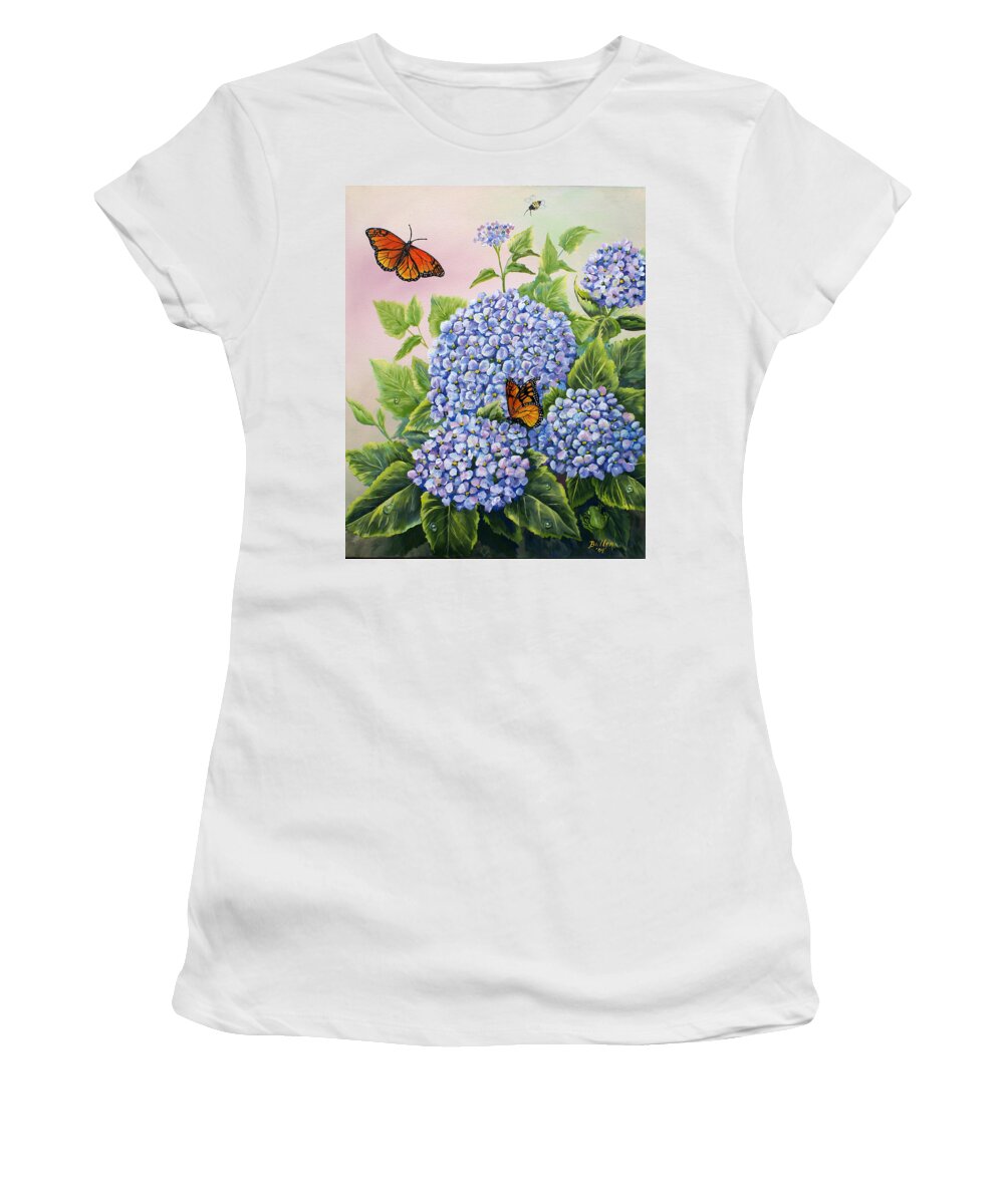 Butterfly Women's T-Shirt featuring the painting Monarchs and Hydrangeas by Gail Butler