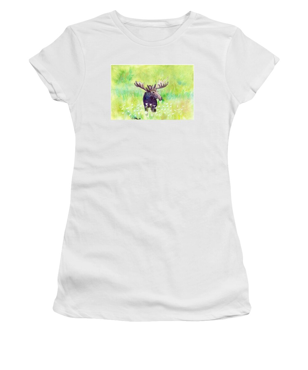 C Sitton Painting Paintings Women's T-Shirt featuring the painting Moose in Flowers by C Sitton