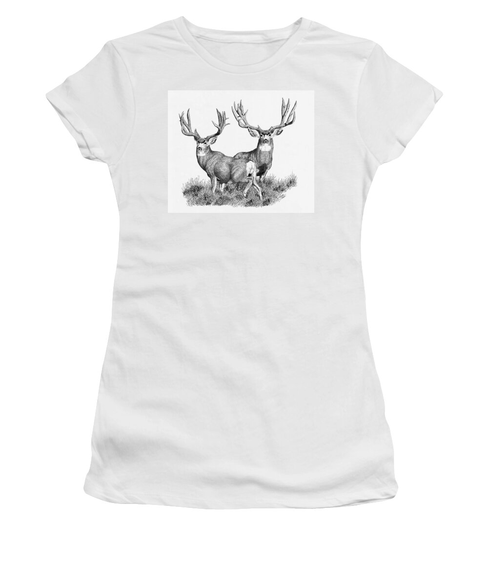 Large Mule Deer Bucks Women's T-Shirt featuring the painting Morty and Popeye by Darcy Tate