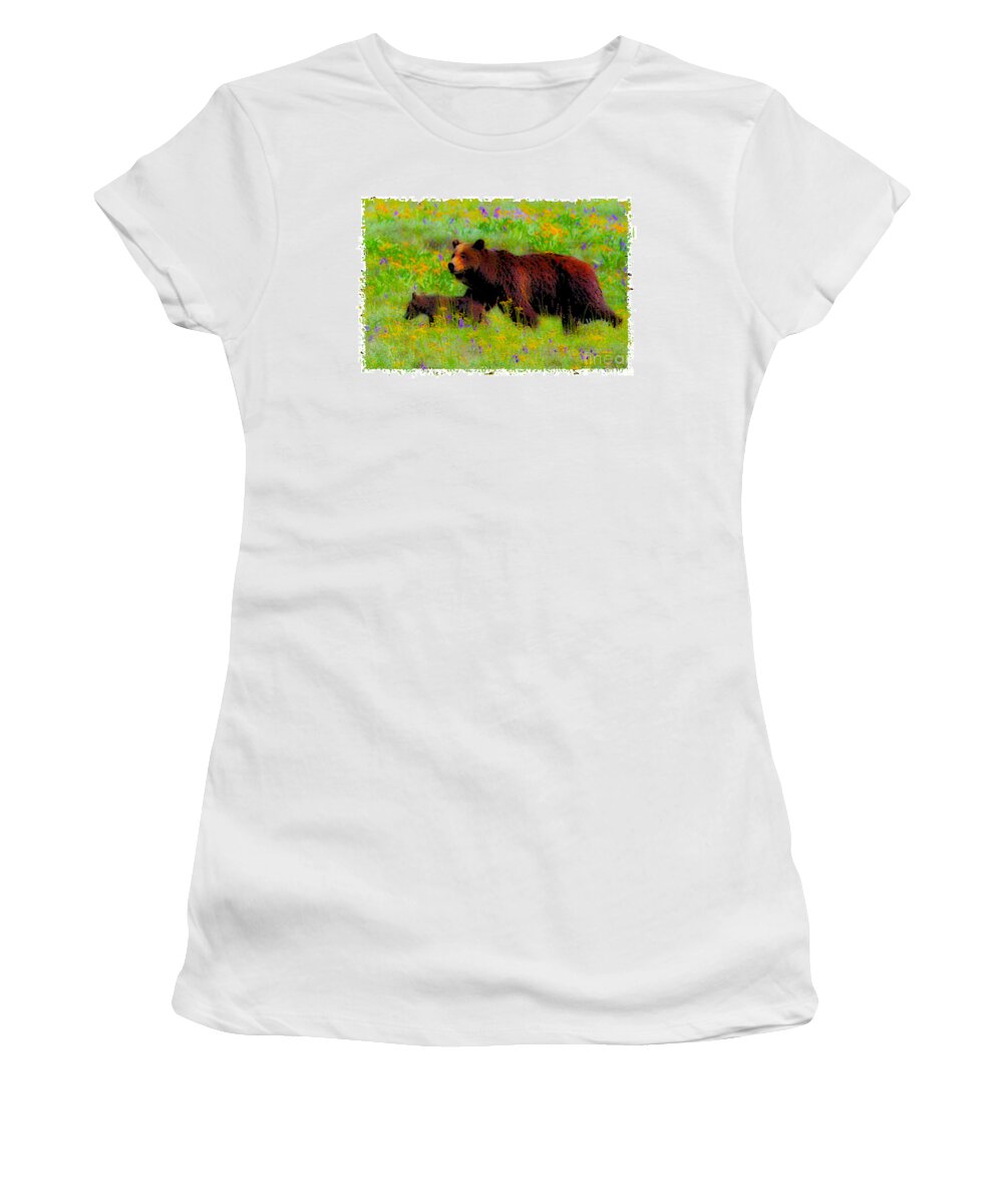 Bear Family Women's T-Shirt featuring the photograph Mother Bear And Cub In Meadow by Jerry Cowart