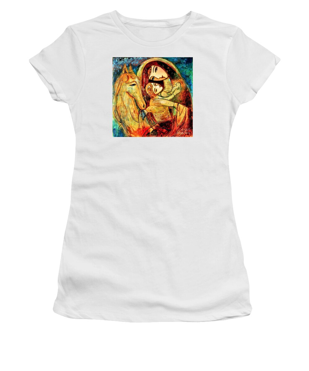 Mother And Child Women's T-Shirt featuring the painting Mother with Child on horse by Shijun Munns