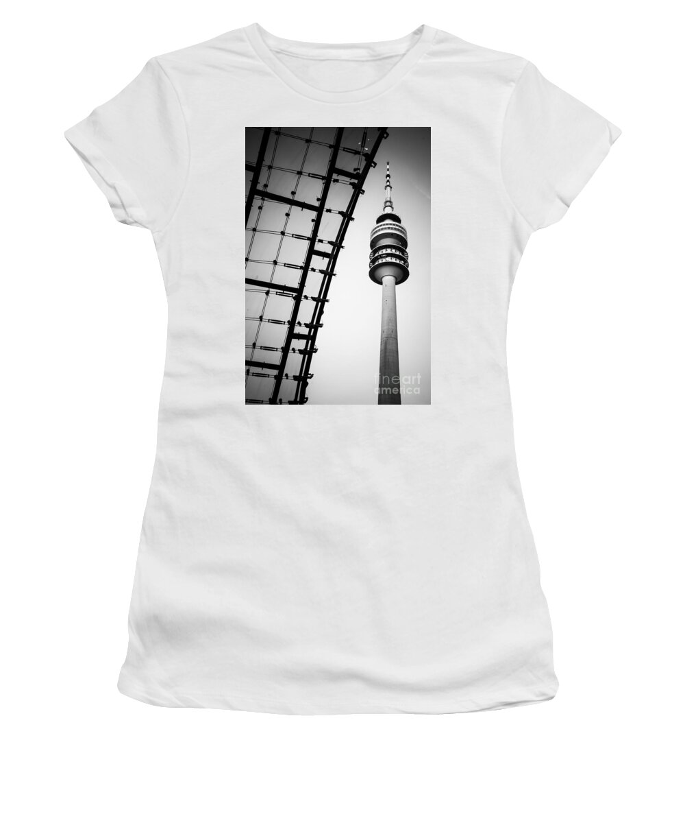 Architecture Women's T-Shirt featuring the photograph Munich - Olympiaturm And The Roof - Bw by Hannes Cmarits