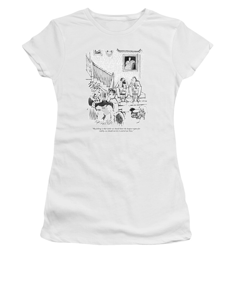 

 Two Men Talking On The Stairs At A Party. Psychology Women's T-Shirt featuring the drawing My Feeling Is That by Mischa Richter