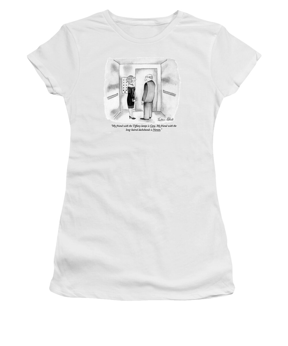 
(woman Talking To Man In Elevator)
Relationships Women's T-Shirt featuring the drawing My Friend With The Tiffany Lamps Is Cora by Victoria Roberts