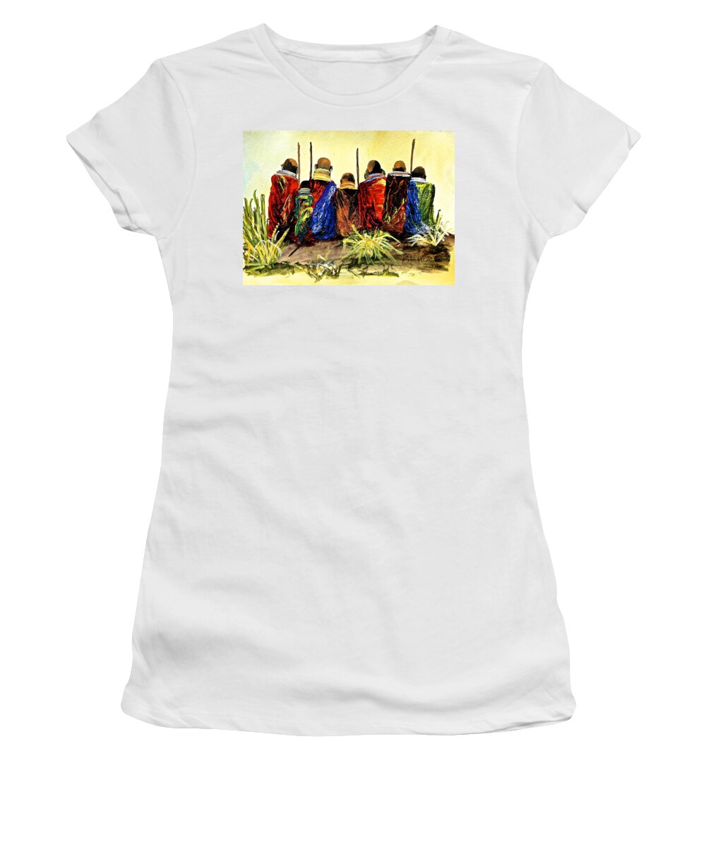 African Paintings Women's T-Shirt featuring the painting N 26 by John Ndambo