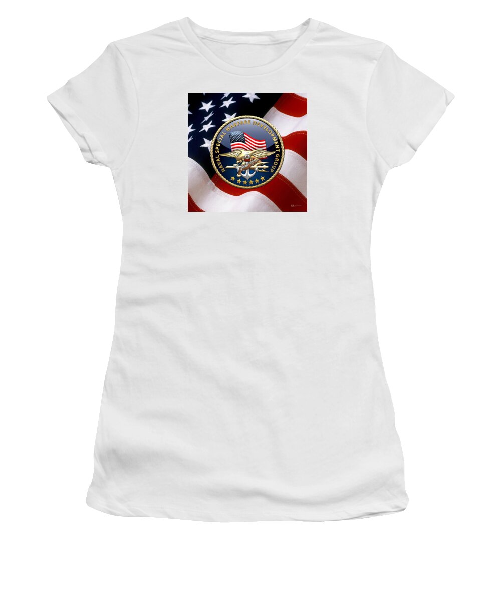 'military Insignia & Heraldry - Nswc' Collection By Serge Averbukh Women's T-Shirt featuring the digital art Naval Special Warfare Development Group - D E V G R U - Emblem over U. S. Flag by Serge Averbukh