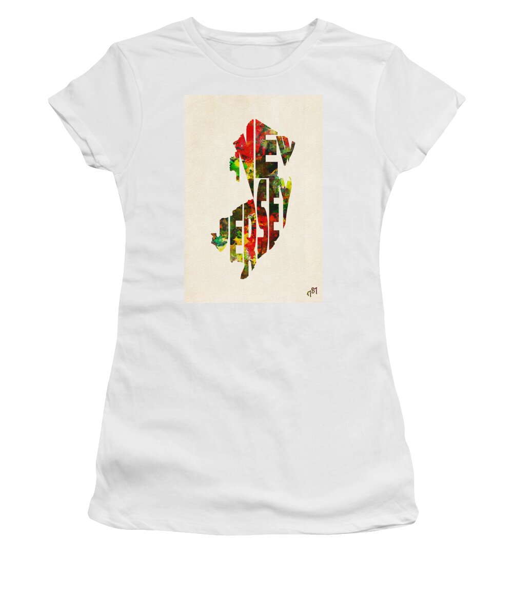 New Jersey Women's T-Shirt featuring the digital art New Jersey Typographic Watercolor Map by Inspirowl Design