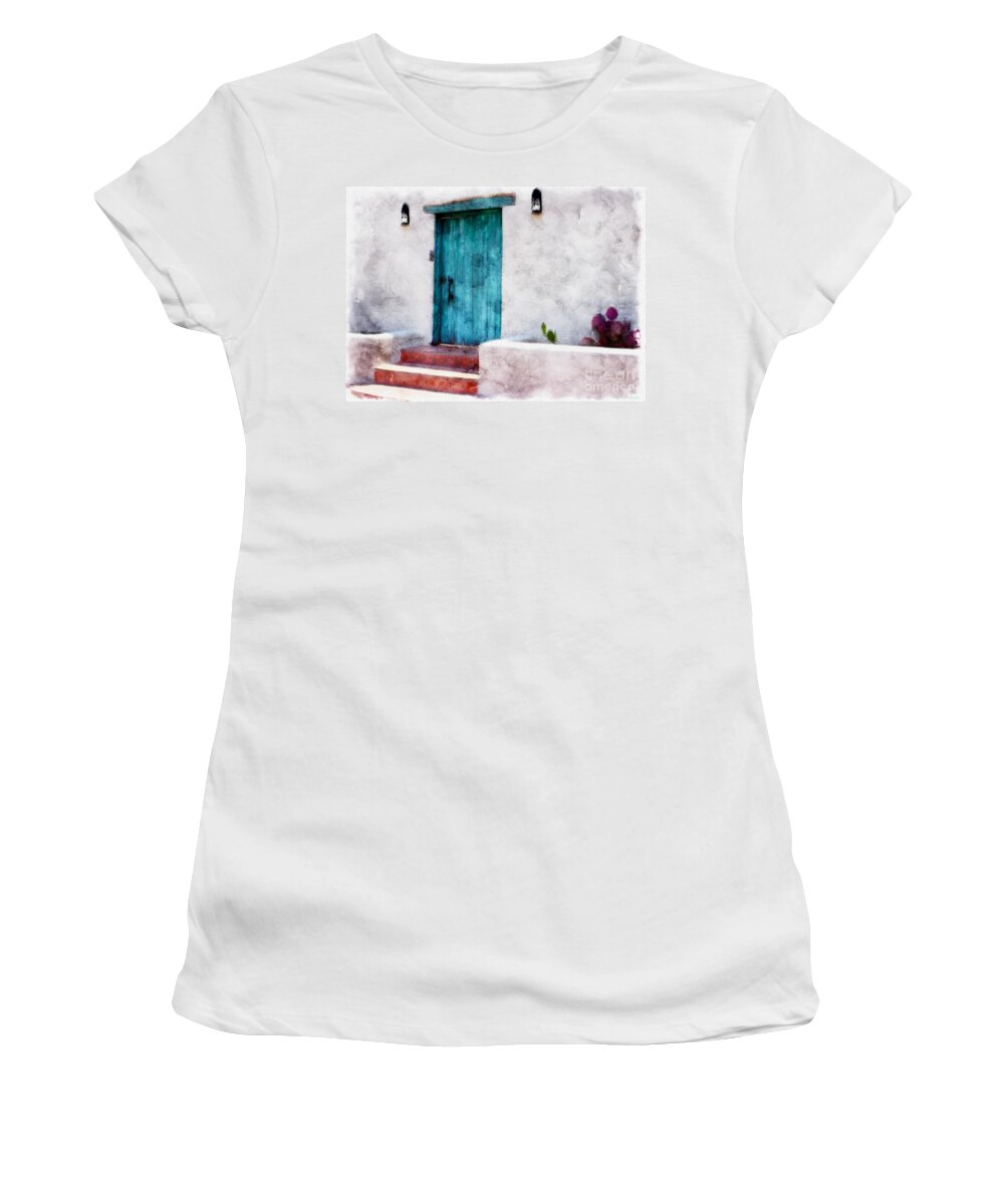 New Mexico Women's T-Shirt featuring the painting New Mexico Turquoise Door and Cactus by Barbara Chichester