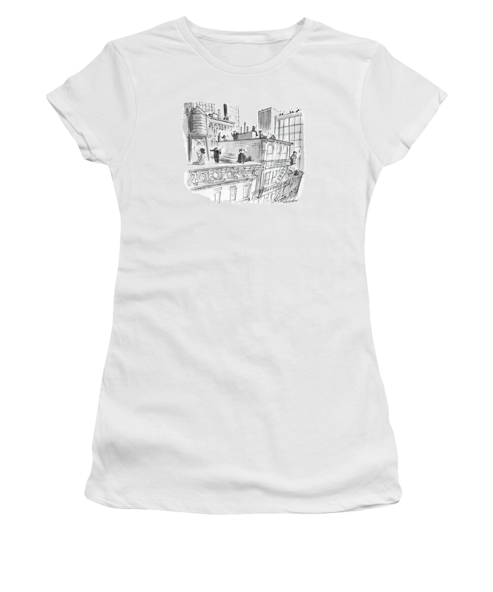 No Caption
People On Rooftops Are All Smoking Cigarettes Women's T-Shirt featuring the drawing New Yorker April 11th, 1988 by James Stevenson