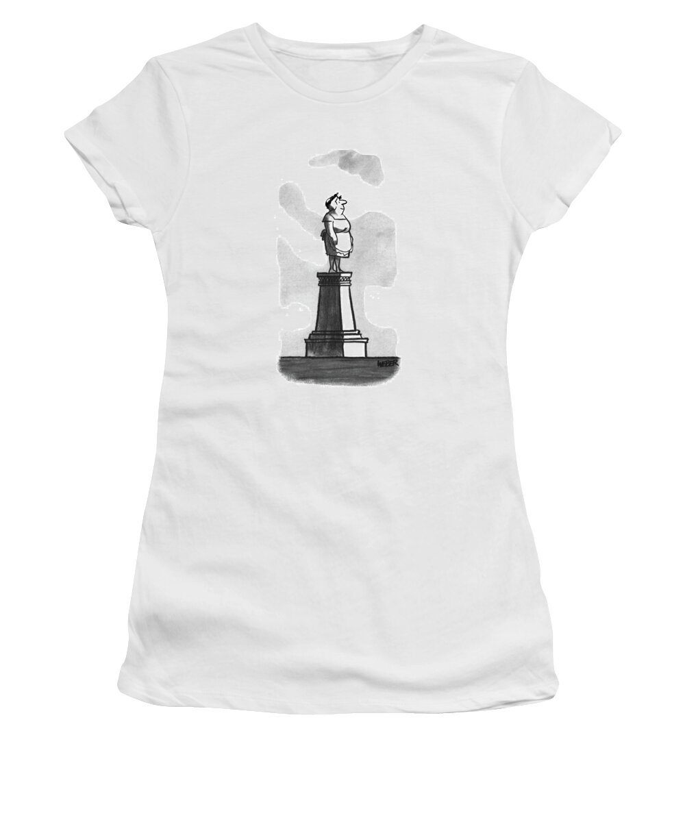 83811 Robert Weber. (mother In Apron Stands On A Pedestal.) Apron Award Day Mom Mother Mother's Mothers Pedestal Ridiculous Sculpture Silly Stands Statue Trophy Wife Woman Women's T-Shirt featuring the drawing New Yorker April 22nd, 1967 by Robert Weber