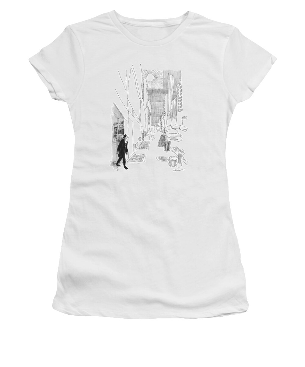 (man Leaving Art Gallery Women's T-Shirt featuring the drawing New Yorker April 3rd, 1965 by James Stevenson