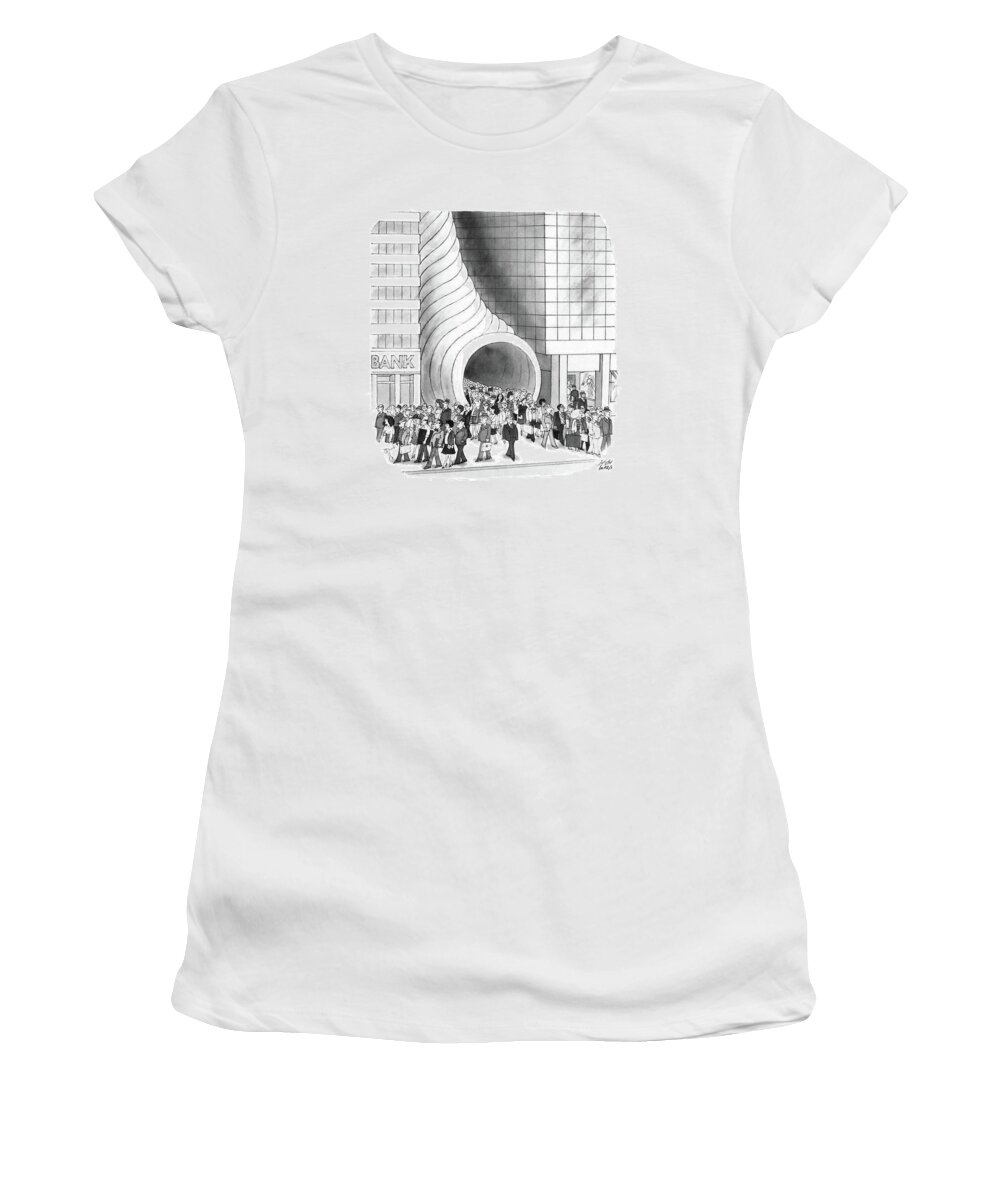 No Caption
A Crowd Of People Is Pouring Out Of A Cornucopia- Shaped Building Between Two Mare Normal-looking Skyscrapers. 
No Caption
A Crowd Of People Is Pouring Out Of A Cornucopia- Shaped Building Between Two Mare Normal-looking Skyscrapers. 
Urban Women's T-Shirt featuring the drawing New Yorker August 8th, 1988 by Joseph Farris