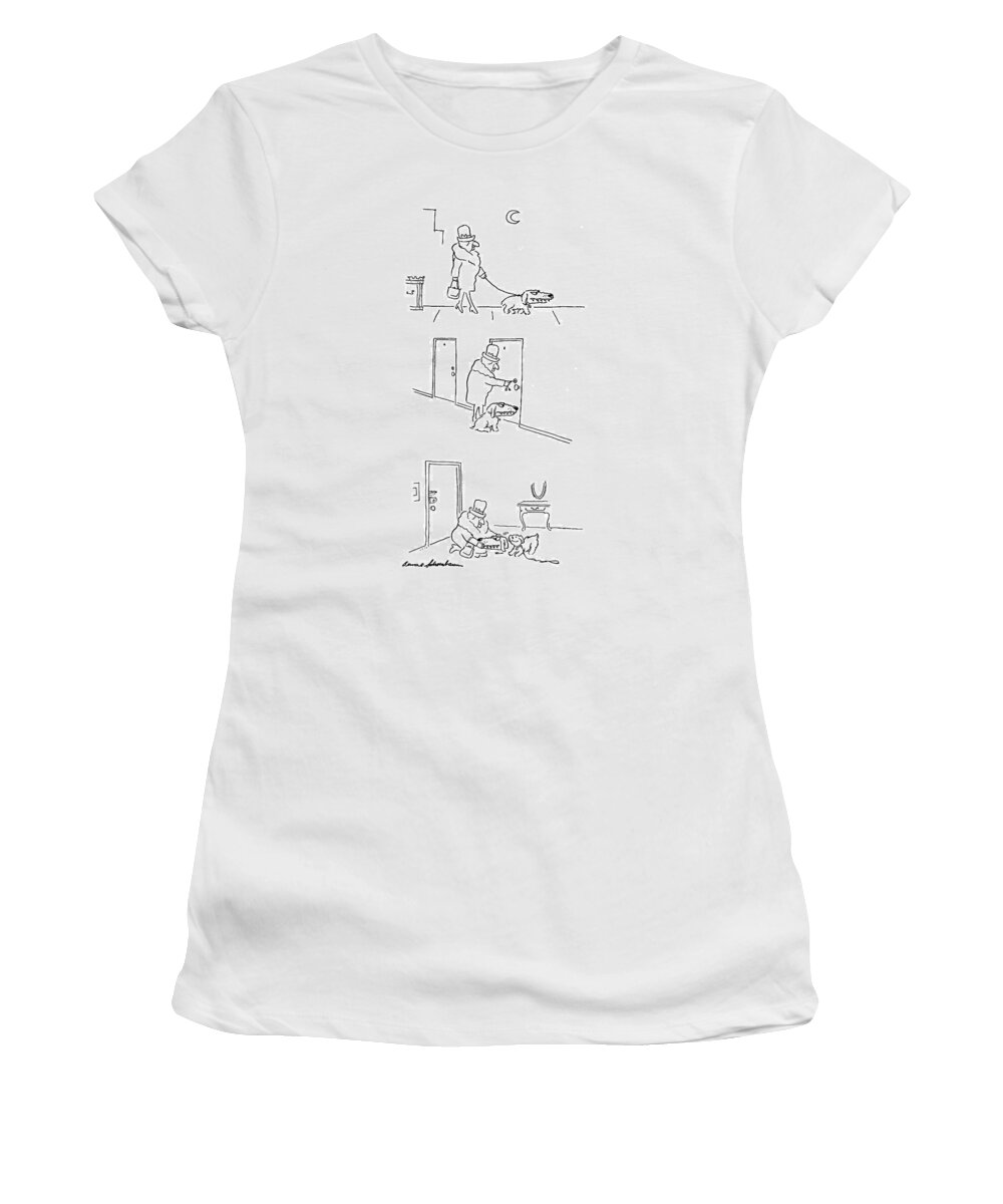 No Caption
Woman Walking Ferocious-looking Dog With Wide Expanse Of Teeth. Woman Opening Her Apartment Door. Woman Removing Mask From Dog's Head Revealing Sweet Puppy. 
 Dog Dogs Canines Man's Best Friend Pooch Doggie Puppy Puppies Pet Pets Animals Owner Disguise Protection Urban Street Sidewalk Night Dark Apartment 
Cc 68167 Bsc Bernard Schoenbaum Women's T-Shirt featuring the drawing New Yorker December 22nd, 1975 by Bernard Schoenbaum