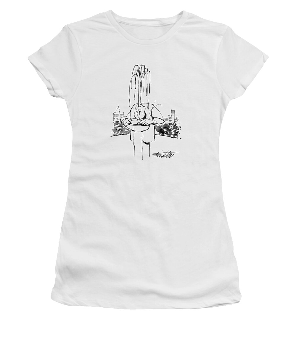 No Caption
Man Drinks From Water Fountain With A Hole At The Top Of His Head So That The Water Spurts From Him Like A Geyser. 
No Caption
Man Drinks From Water Fountain With A Hole At The Top Of His Head So That The Water Spurts From Him Like A Geyser. 
Urban Women's T-Shirt featuring the drawing New Yorker June 17th, 1996 by Mischa Richter