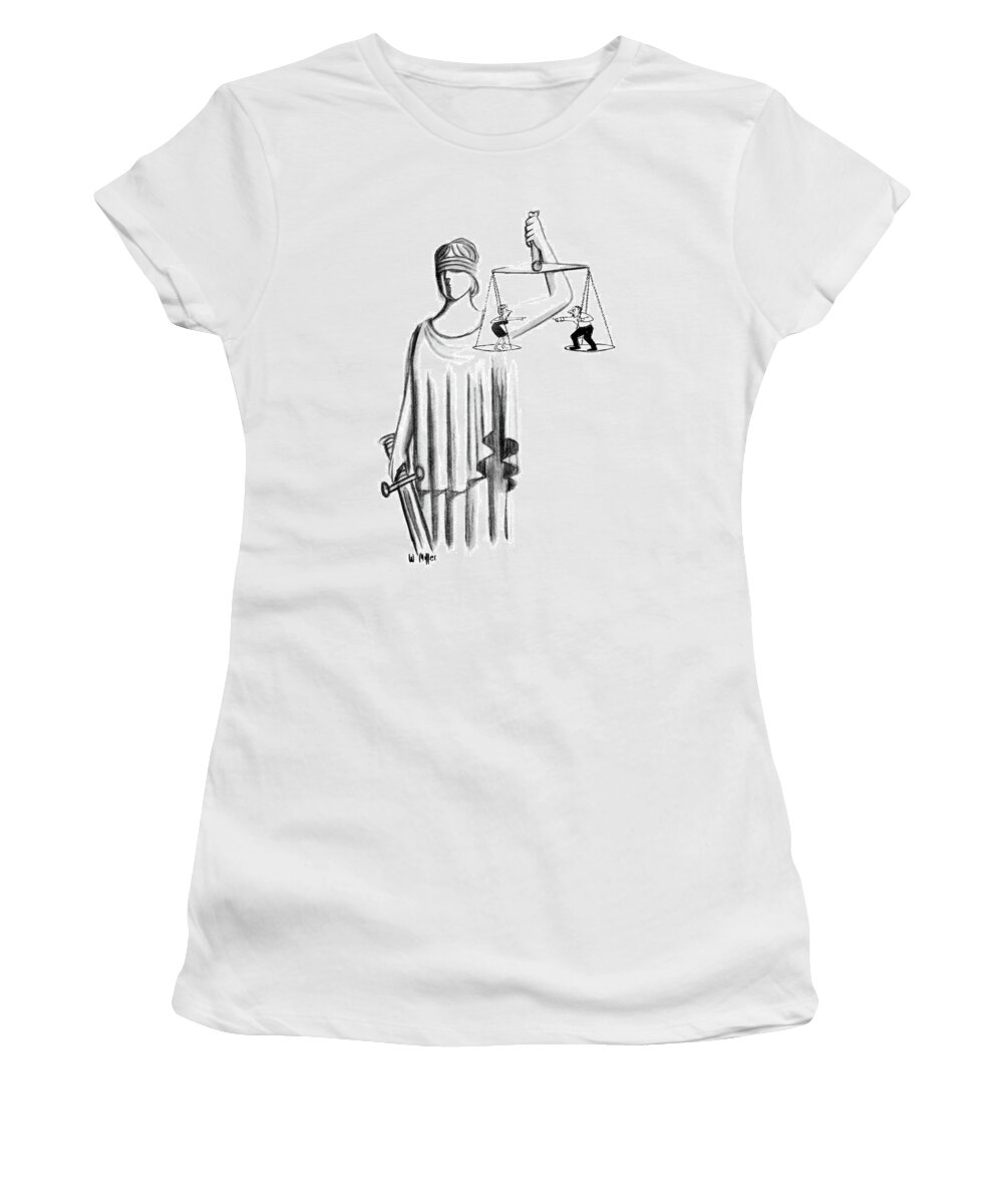 83938 Wmi Warren Miller (scales Of Justice Hold A Man And A Woman Fighting With Each Other.) Argue Arguing Argument Bickering Breakups Dispute Divorce Each ?ght ?ghting Hold Justice Man Other Problems Quarrel Quarreling Relationships Scale Scales Statue Weighing Woman Women's T-Shirt featuring the drawing New Yorker June 24th, 1967 by Warren Miller