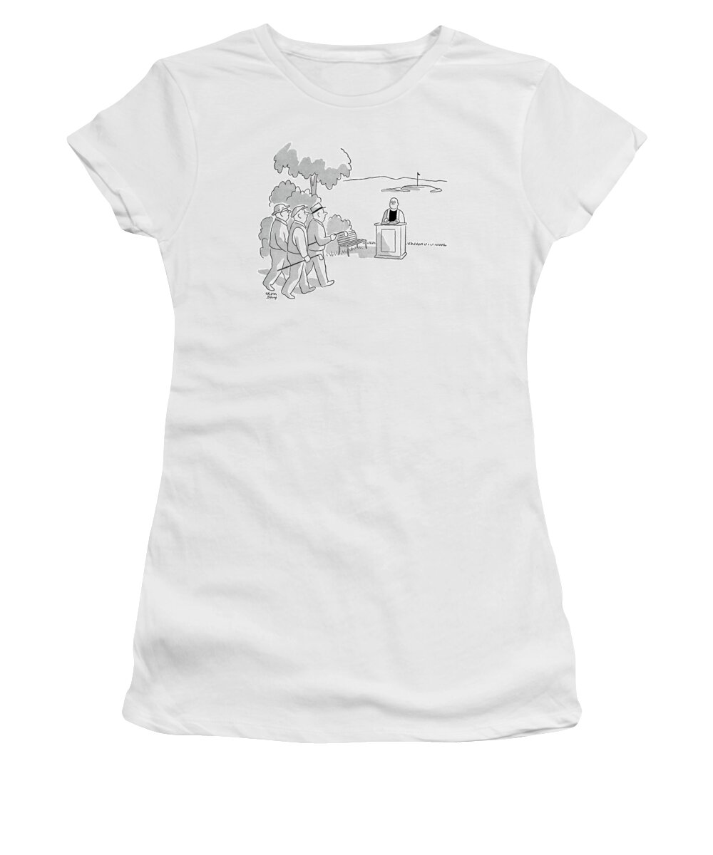 (golfers Approaching Hole Are Surprised To See A Minister With His Pulpit On The Tee.) Religon Women's T-Shirt featuring the drawing New Yorker June 6th, 1953 by Chon Day