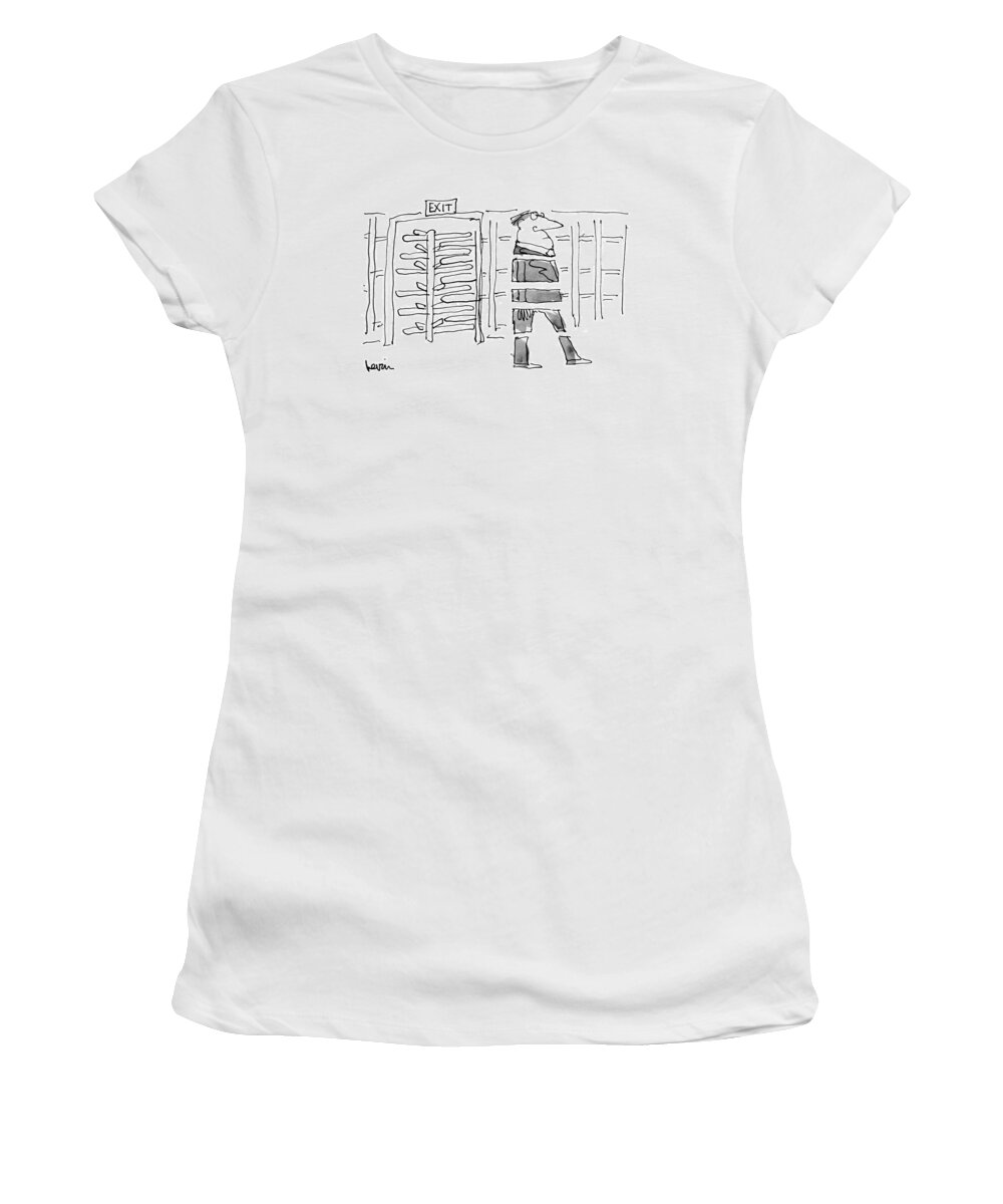 (man Who Has Just Come Through A Subway Turnstile Is Sliced Into Bits.) Regional Urban New York City Nyc Manhattan Neighborhoods  Taxi Taxis Cabbie Subway Train Metro-north Bus Buses Transportation 
Sjc 68085 Ale Arnie Levin Women's T-Shirt featuring the drawing New Yorker October 14th, 1974 by Arnie Levin