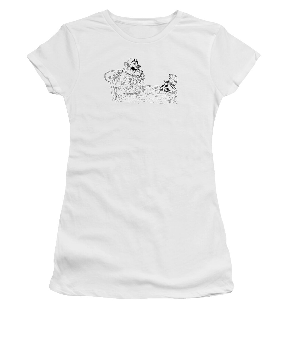 (picture Of A Clown Sitting At A Table Staring At A Skull That Is Wearing An Old Hat.)
Fashion Women's T-Shirt featuring the drawing New Yorker September 1st, 1986 by William Steig