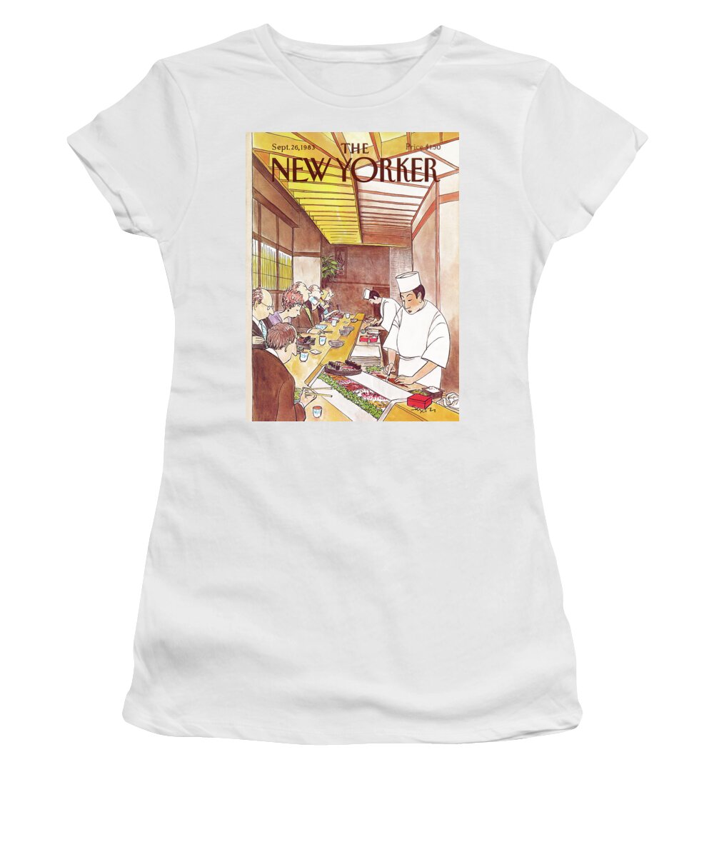 (japanese Chefs Prepare Dinners At Sushi Bar For Seated Customers.) Dining High Class Foreign Japan Sashimi Restaurants Charles Saxon Csa Artkey 46217 Women's T-Shirt featuring the painting New Yorker September 26th, 1983 by Charles Saxon