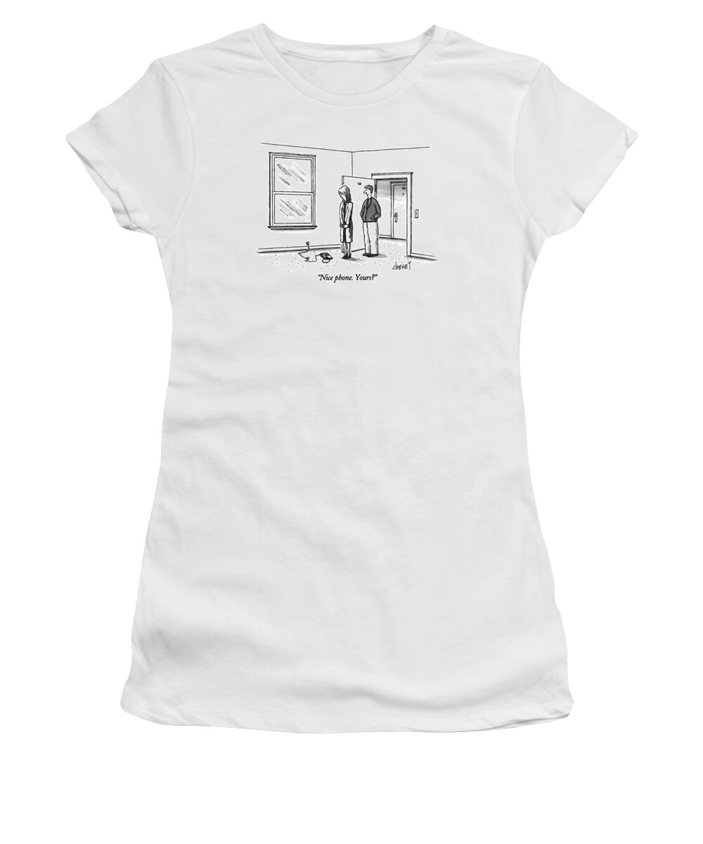 

 Woman Asks Man Women's T-Shirt featuring the drawing Nice Phone. Yours? by Tom Cheney