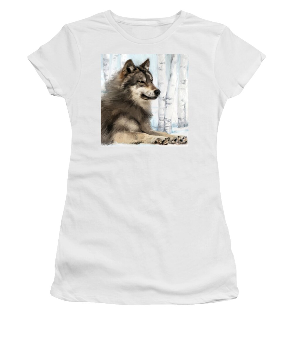 The Northern Rocky Mountains Wolf Women's T-Shirt featuring the mixed media Northern Rocky Wolf... by Mark Tonelli