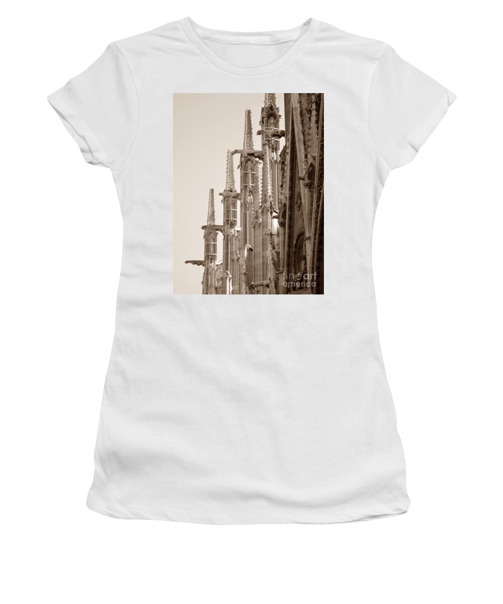 Paris Women's T-Shirt featuring the photograph Notre Dame Sentries Sepia by HEVi FineArt