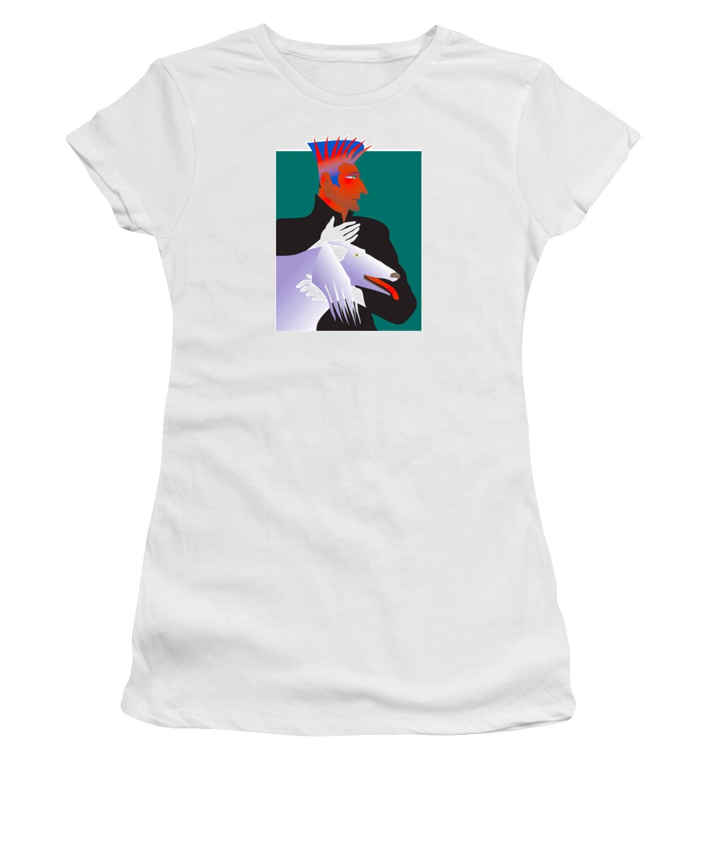 Stylized Style Man Figure Women's T-Shirt featuring the digital art Odd Man with Dog by Judith Barath