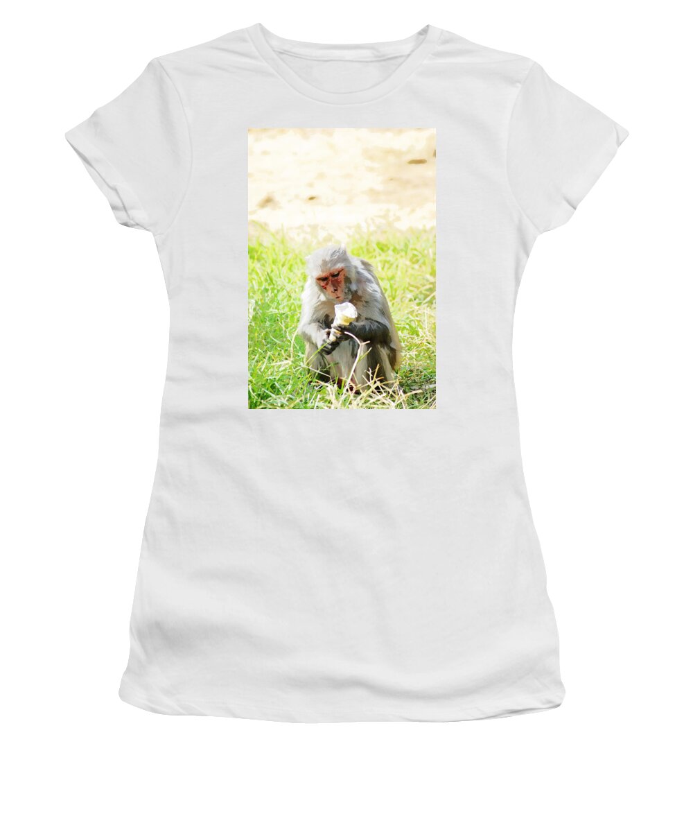 Monkey Women's T-Shirt featuring the digital art Oil Painting - A monkey eating an ice cream by Ashish Agarwal