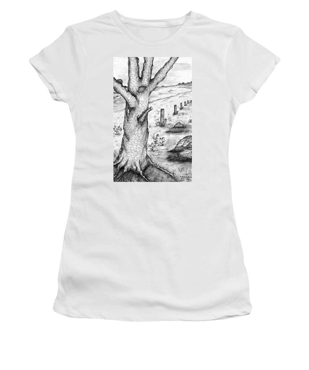 Oak Women's T-Shirt featuring the drawing Old Oak Tree with Birds' Nest Black and White by Ashley Goforth