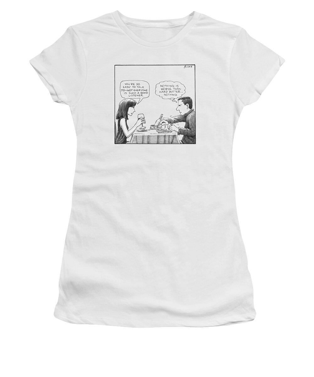 Dates Women's T-Shirt featuring the drawing On A Date, A Woman Compliments The Man's by Harry Bliss