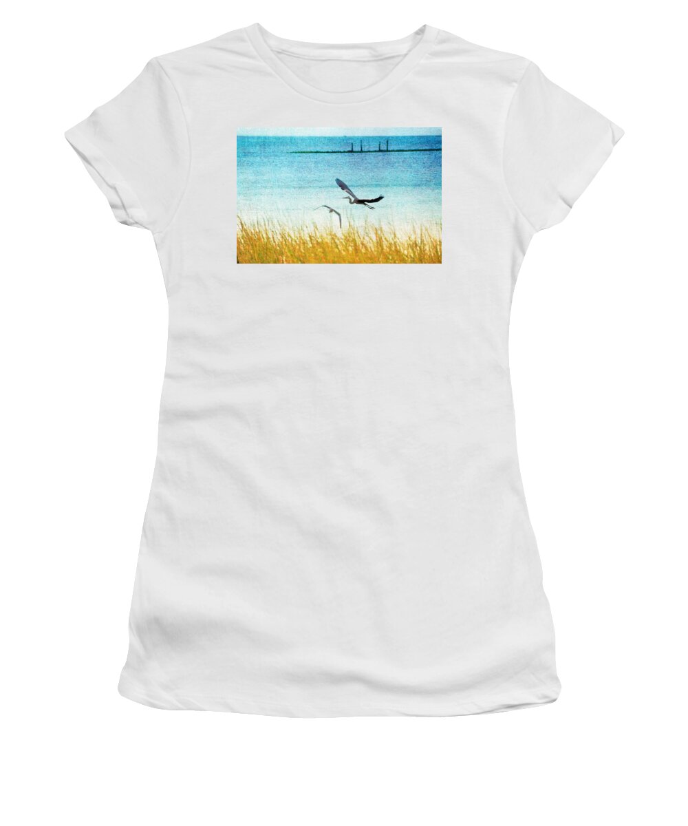 Birds Women's T-Shirt featuring the photograph On Coastal Breezes by Jan Amiss Photography