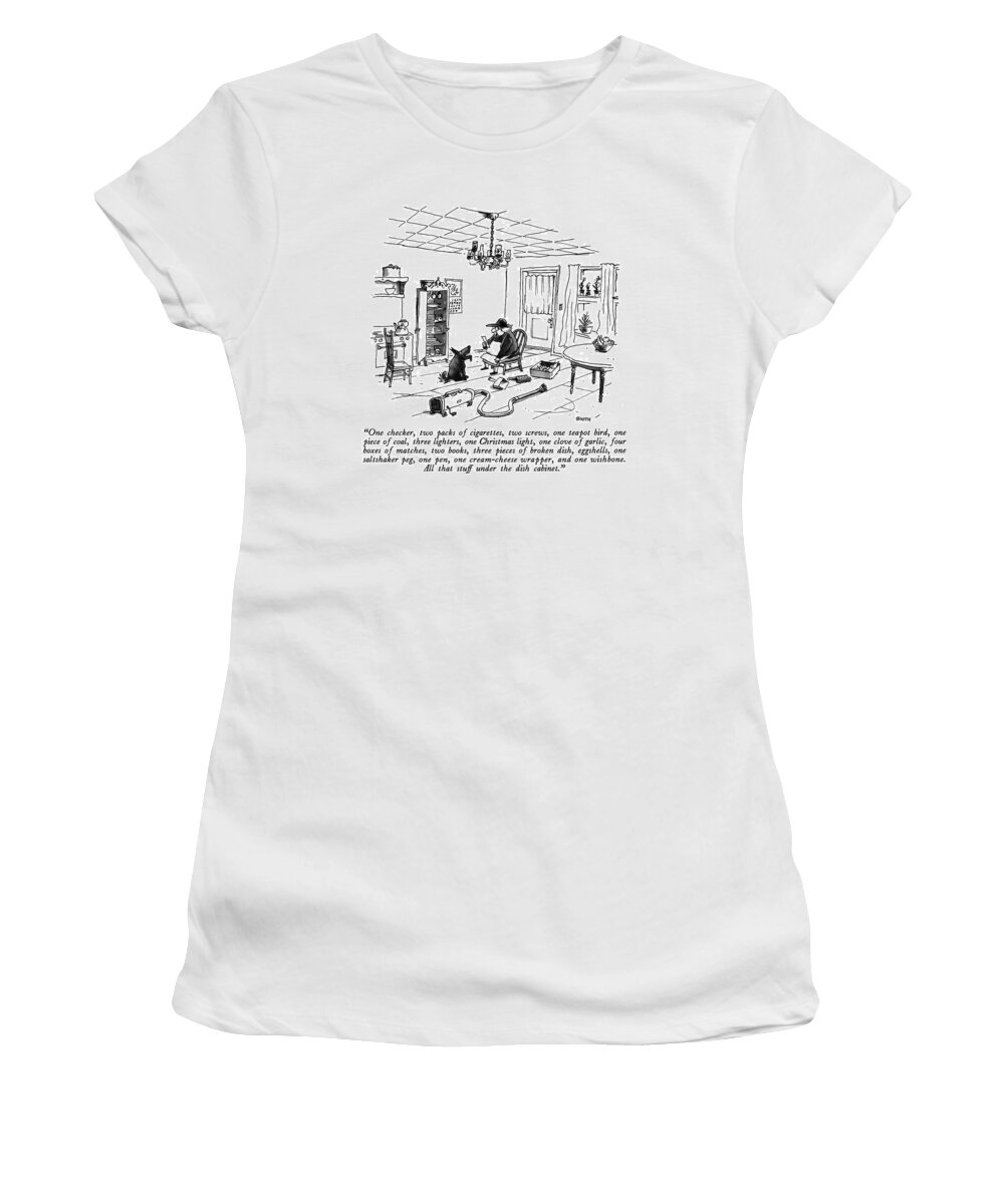 
 Woman Reads List To Her Dog Women's T-Shirt featuring the drawing One Checker by George Booth