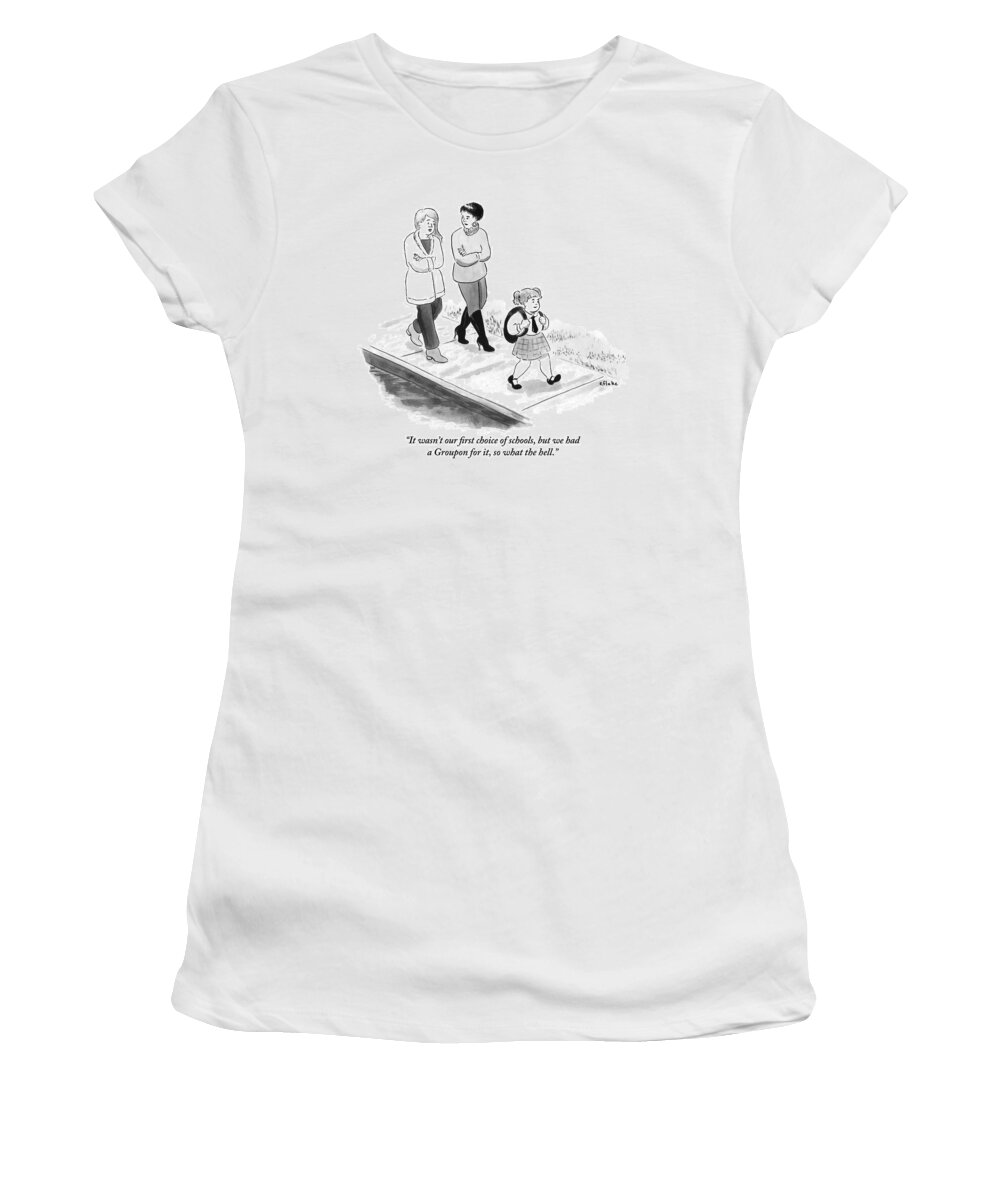 Coupon Women's T-Shirt featuring the drawing One Woman To Another As They Walk Down The Street by Emily Flake