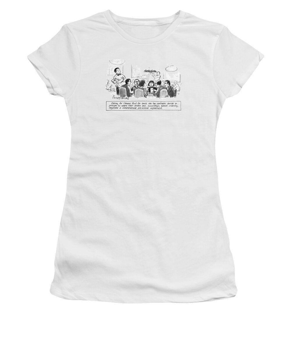 Dining Women's T-Shirt featuring the drawing Opting For Chinese Food For Lunch by Mort Gerberg