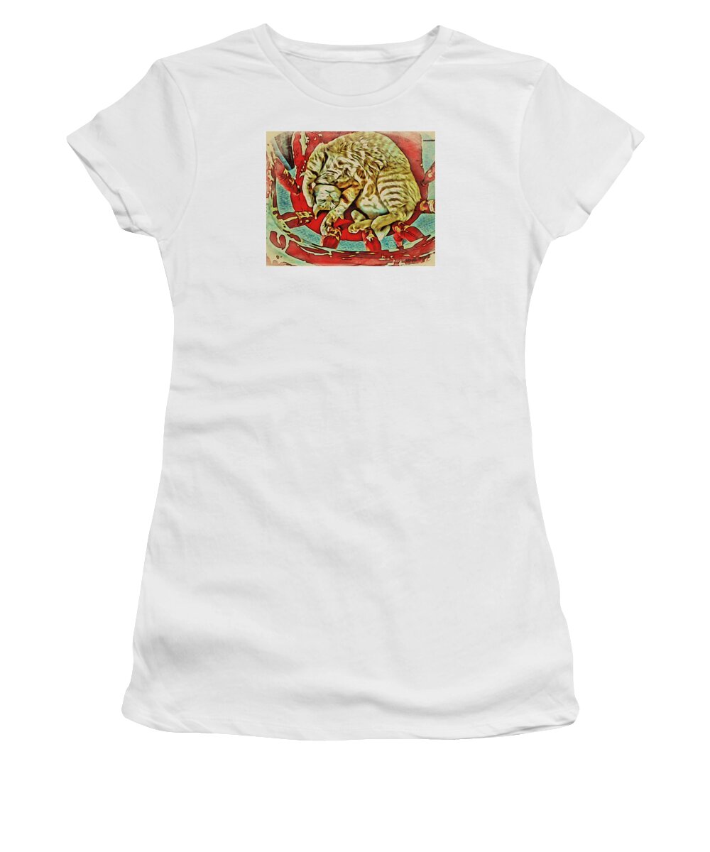 Orange Cat On Red Chair Women's T-Shirt featuring the photograph Orange Cat Red Chair by Rebecca Korpita
