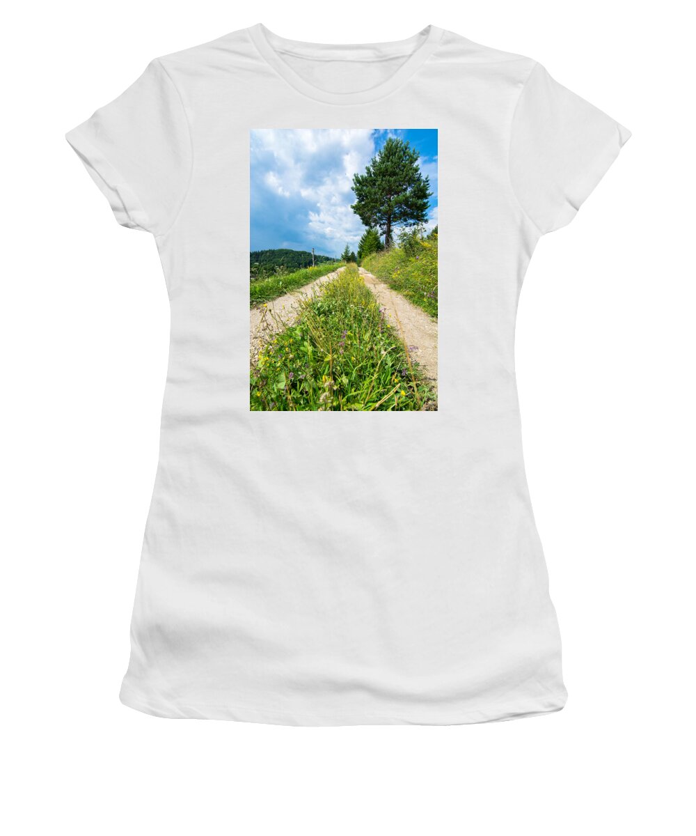 Road Women's T-Shirt featuring the photograph Overgrown Rural Path Up a Hill by Andreas Berthold