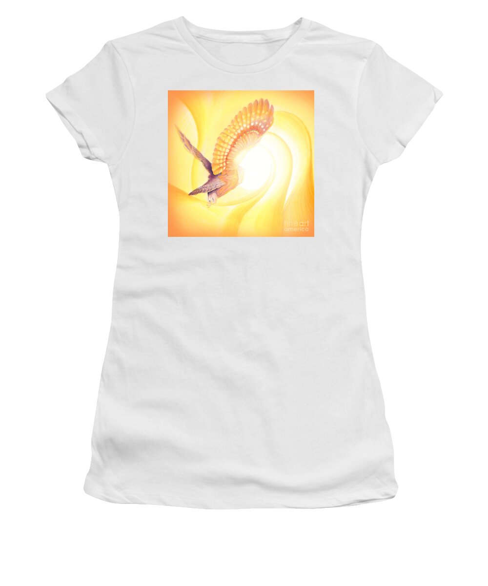 Owl Women's T-Shirt featuring the drawing Owl Going Into the Light by Robin Aisha Landsong