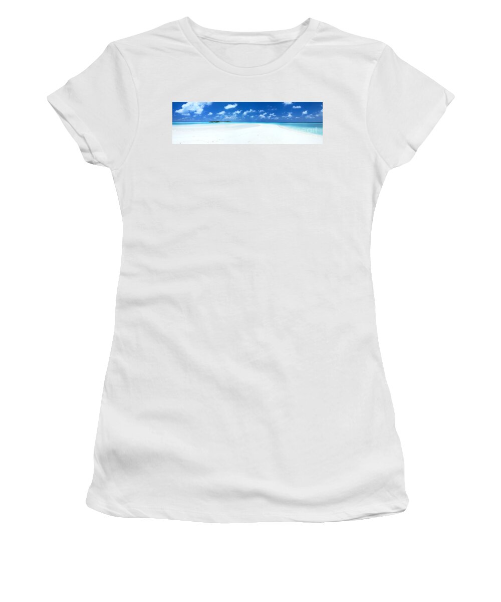 Tropical Women's T-Shirt featuring the photograph Panorama of deserted sandy beach and island Maldives by Matteo Colombo